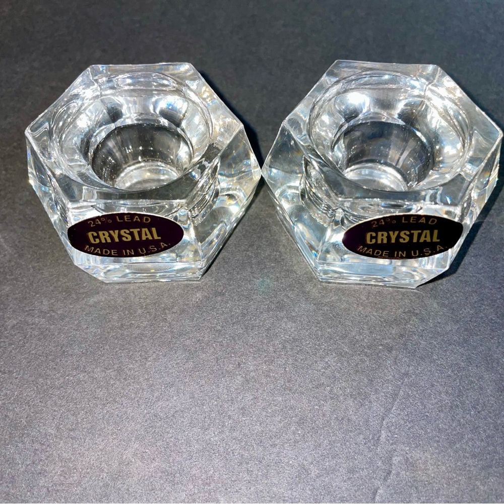 2 Hexagonal 24% Lead Crystal  Taper Candle Holders Made in USA Christmas Table